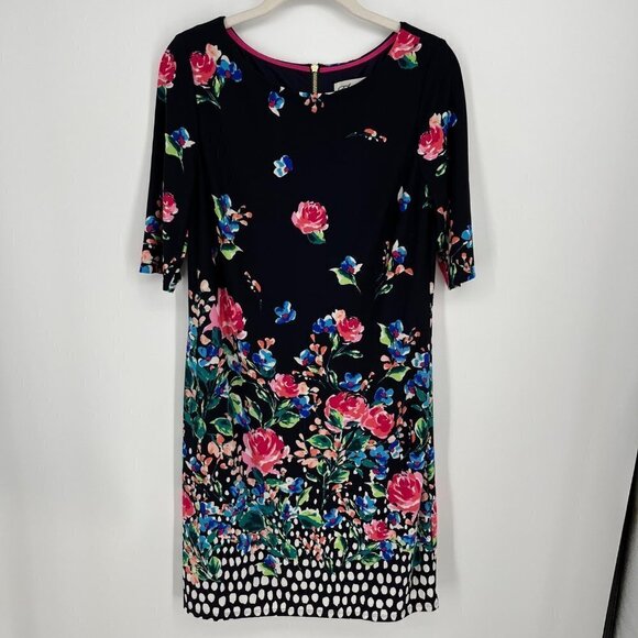 Eliza J Womens Floral Print Shift Dress Size 6 Navy Lined Stretch Half Sleeve - Picture 1 of 16
